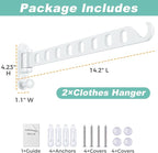 Laundry Drying Rack Wall Mounted - Swing Arm Clothes Hanger with 8-Hole, Sturdy Hanging Bar & Swivel Laundry Room Hook, Coat Hanger Holder for Closet, Aluminum (2-Pack, White)