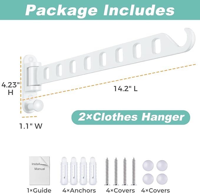 Laundry Drying Rack Wall Mounted - Swing Arm Clothes Hanger with 8-Hole, Sturdy Hanging Bar & Swivel Laundry Room Hook, Coat Hanger Holder for Closet, Aluminum (2-Pack, White)