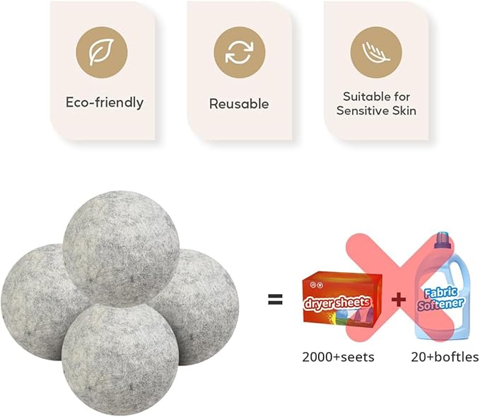 Wool Dryer Balls 6 Pack Reusable Laundry Drying Ball New Zealand Natural Fabric Softener Reduce Clothing Static and Wrinkles