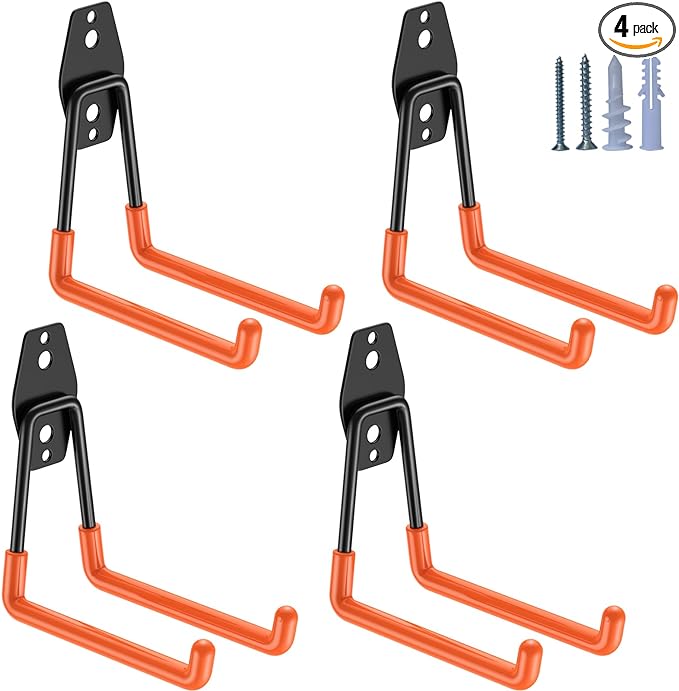 Heavy Duty Garage Hooks 4 Pack, 5.1 inch Medium U Shaped Hanger, Wall Mounted Storage System, Power and Garden Tool Organizer, for Hanging Ladders, Hose, Bulk Items and More