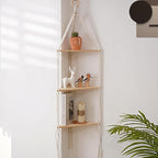 Hanging Shelf with Natural Wood, 3-Tier Rope Shelf | Handmade Boho Wall Decor for Floating Display, Ideal for Plants, Photos & Storage in Bathroom, Bedroom, Living Room & Nursery