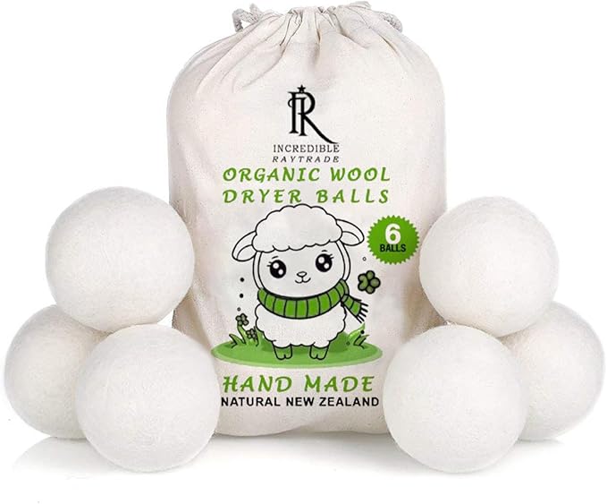 RAYTRADE Wool Dryer Balls 6-Pack 100% Made of Organic New Zealand Wool Reduces Clothing Wrinkles and Saves Drying Time Reusable Natural Fabric Softener Stocking Stuffer Gifts