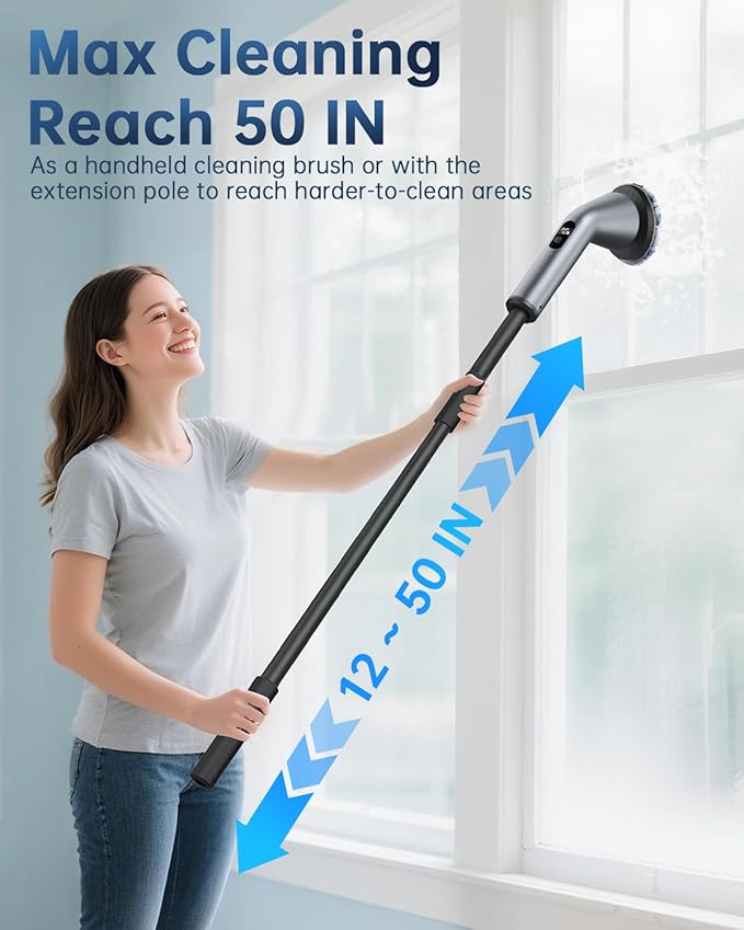 Electric Spin Scrubber, IPX7 Waterproof Dual Speed Cordless Cleaning Brush with 7 Brush Heads, Extendable Long Handle Shower Scrubber for Bathroom Shower Bathtub Glass Tub Tile Floor Car