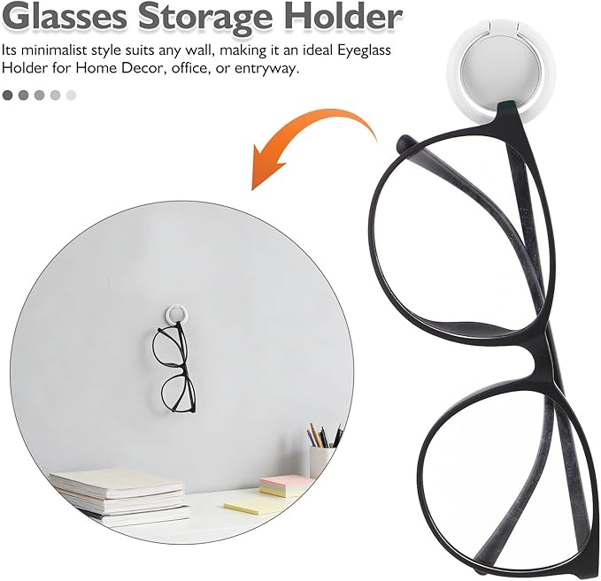FUOYLOO 8pcs Adhesive Wall Glasses Organizer - 180° Folding Eyewear Storage Rack for Small Spaces - Eyeglass Holder for Home and Office Use White