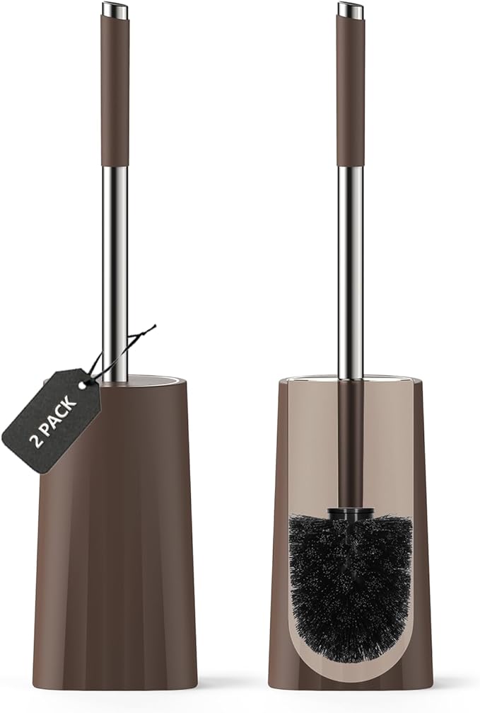 SetSail Toilet Brush, Compact Size Toilet Bowl Brush and Holder Toilet Brushes for Bathroom with Stainless Steel Handle Toilet Cleaner Brush with Durable Scrubbing Bristles, 2 Packs, Brown