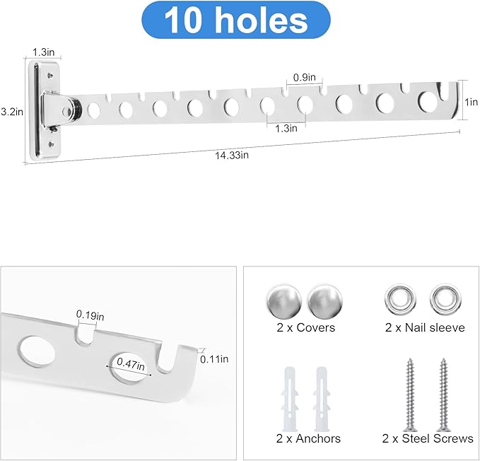 ACNISM Wall Mounted Clothes Rack, Laundry Hanger Wall Mount, Retractable & Foldable Drying Rack with 180° Rotation, Space-Saver for Laundry Room & Bedroom, Bathroom Closet Storage, 1-Pack, Silver