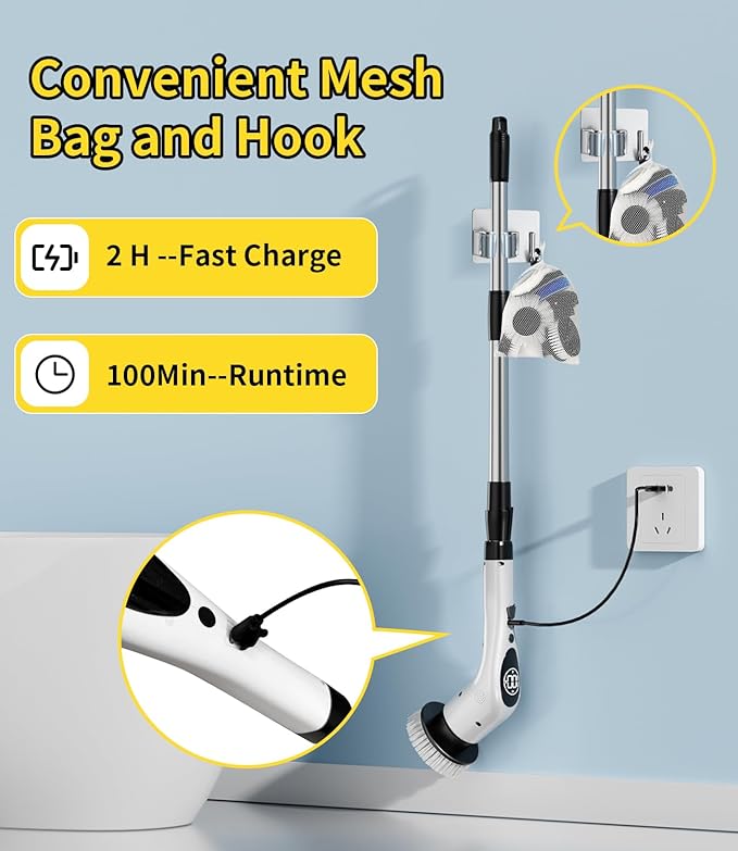 Electric Spin Scrubber,Cordless Cleaning Brush,Shower Scrubber with 9 Scrub Brush,3 Speed,Adjustable Extension Handle,Power LED Display, Voice Broadcast,Power Scrubber for Bathroom Kitchen Cleaning