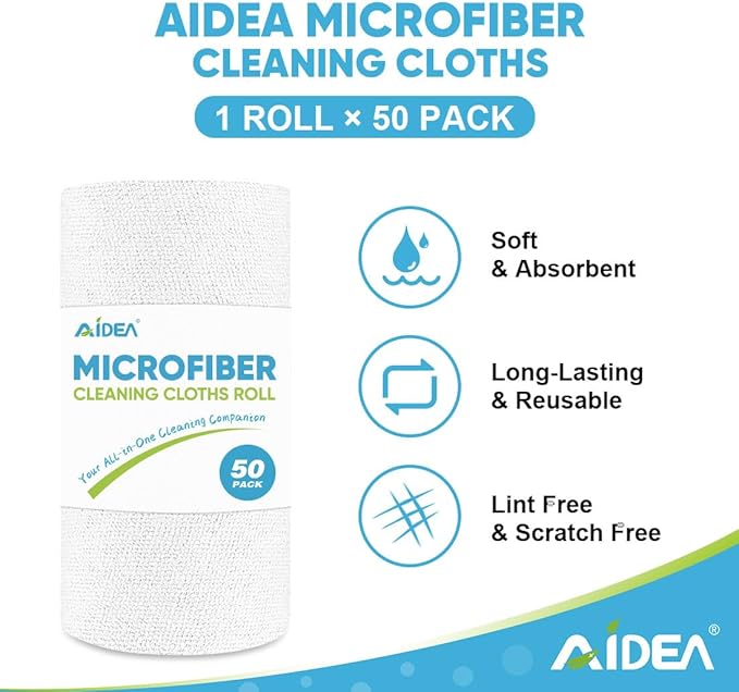 AIDEA Microfiber Cleaning Cloth Roll, White 50PK, Tear Away Reusable Paper Towels, Commercial Shop Rags, Microfiber Towels for Cars, Lint Free Rags for House, Kitchen, Automotive, 11.5"×11.5"