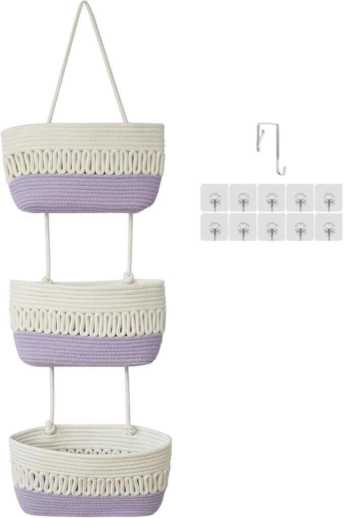 danpinera Over the Door Hanging Baskets for Organizing, 3-Tier Hanging Wall Basket for Storage, Woven Cotton Rope Baskets Storage Decorative for Nursery, Bedroom, Living Room, Kitchen, White & Violet