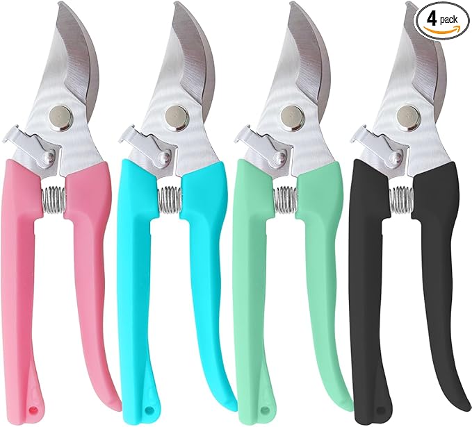 Pruning Shears for Gardening, 4 Pack Garden Scissors for Cutting Fresh Flowers, Floral Clippers for Plants, Fruits (Pink, Green, Blue, Black)