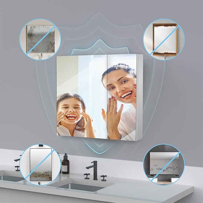 Sunrosa Medicine Cabinet with Mirror, 36" W x 31.5" H, 2 Asymmetrical Doors, Wall-Mounted & Recessed Bathroom Medicine Cabinet with Tempered Glass Mirror