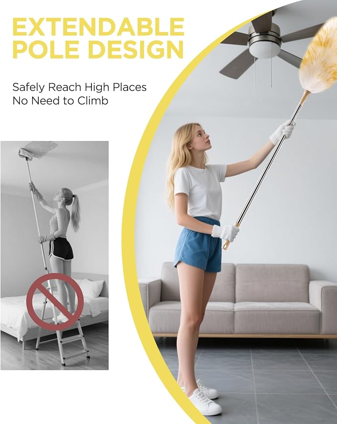 Extendable Lambswool Duster 30-100 Inch, Stainless Steel Long Handle Duster, Natural Feather Duster for Cleaning High Ceilings, Fans, Bookshelves, Interior, Cars, Brown