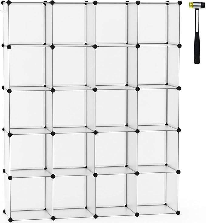 C&AHOME Cube Storage Organizer, 20-Cube Shelves Units, Closet Cabinet, DIY Plastic Modular Book Shelf, Ideal for Bedroom, Living Room, Office, 48.4" L x 12.4" W x 60.6" H Transparent White UPCS20W
