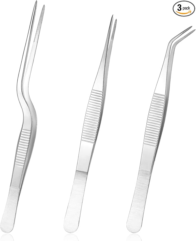Garden Tweezers, 3 Pcs Stainless Steel Plant Tweezer Set Straight and Curved Precision Tweezers Multipurpose Bonsai Tools for Garden, Kitchen, Indoors and Outdoors (6.22Inch / 6.33Inch / 6.4Inch)