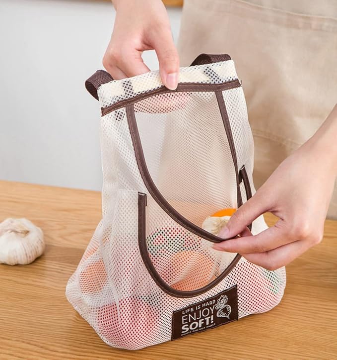 3PACK Mesh Reusable Bag Mesh Bags Hanging Storage Onion Holder Portable Washable Cotton Mesh String Organic Organizer|Mesh produce bags|Eco friendly Over the Door Pantry Organizer (3PACK-Beige)