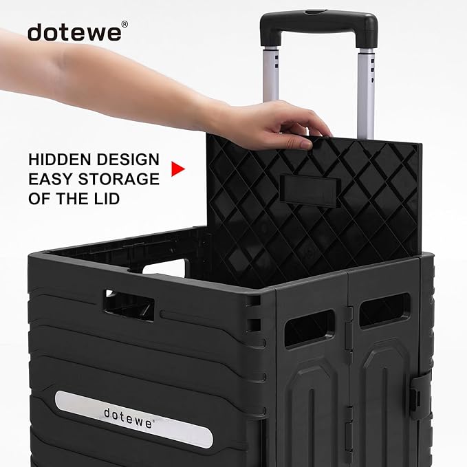 Folding Utility Cart Black Portable Rolling Crate Handcart Foldable Shopping Trolley Collapsible, with Lid, on Wheels, for Grocery, Garden, Office, Storage, Teacher, Tool (Black)