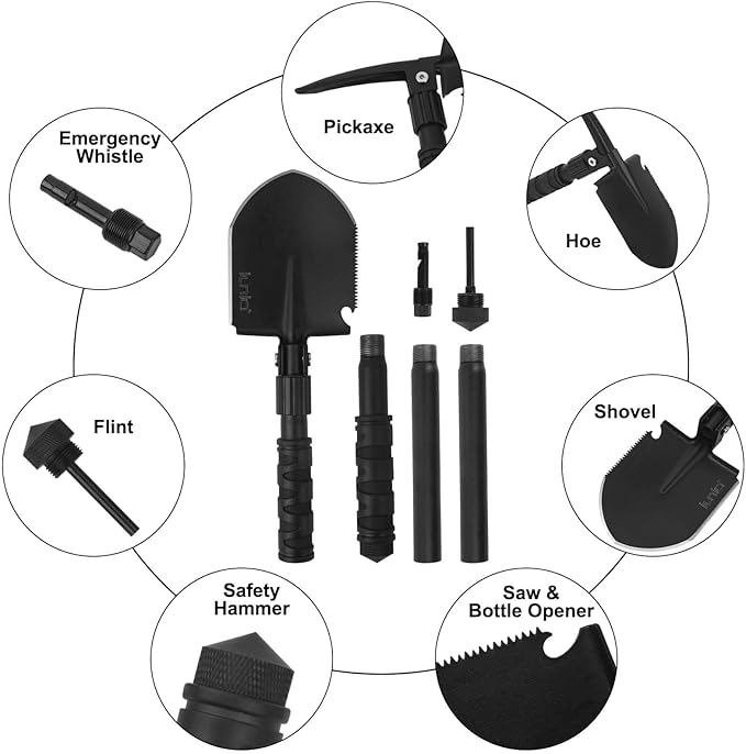 iunio Camping Shovel,Shovel Folding, Portable, Multitool, Foldable Entrenching Tool, Collapsible Spade, for Backpacking, Trenching, Hiking, Survival, Car Emergency