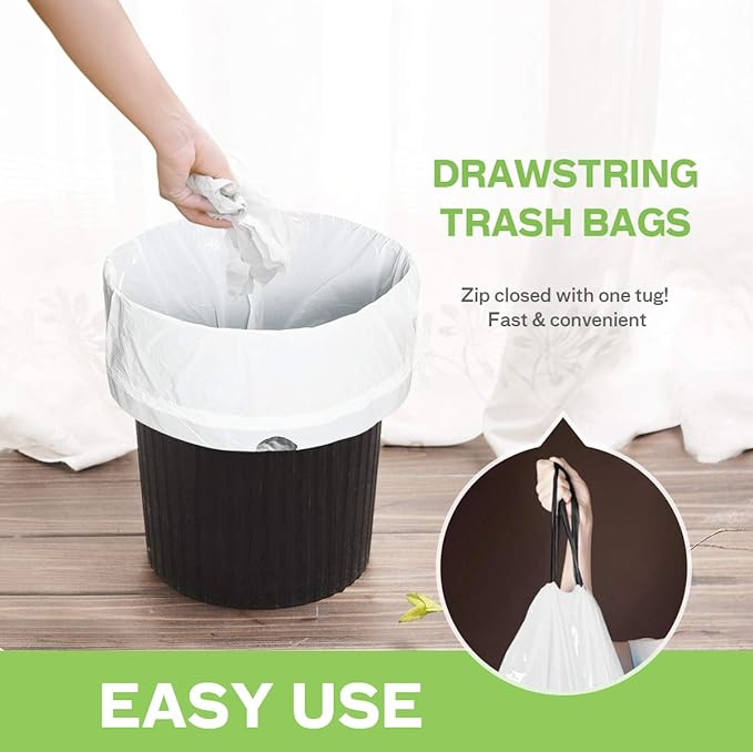 1.6 Gallon 80 Counts Strong Drawstring Trash Bags Garbage Bags by Teivio, Bathroom Trash Can Bin Liners, Small Plastic Bags for home office kitchen, White