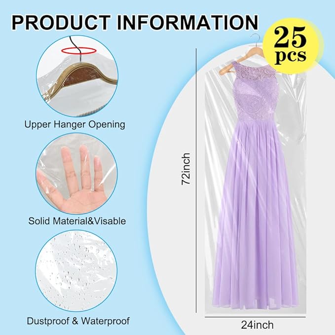 BEISHIDA 25PCS 72 Inch Plastic Garment Bag-Plastic Clear Dry Cleaner Laundry Bags for Clothes Cover, Hanging Clothes Storage for Long Dresses Skirt Coat Suit Shirt Jacket