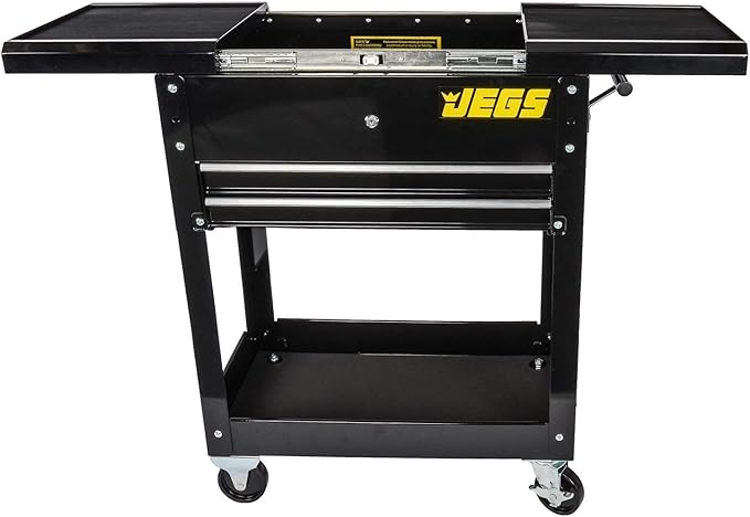 JEGS Heavy-Duty Tool Box Cart | 220 LBS Capacity | Uses Four 4” Caster Wheels | Includes 2 Keyes and 6 Drawer Liners | Black with JEGS Logo | 2 Locking Drawers | Sliding Top