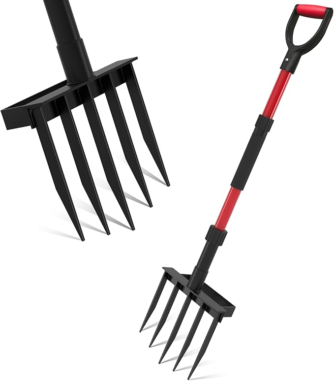 Pitch Fork for Garden, 5-Tine Heavy Duty Pitchfork for Loosening Soil, 41 Inch Gardening Fork for Digging, Composting, Spading, Cultivating Soil, Metal Fork Head with Fiberglass Handle, D-Grip