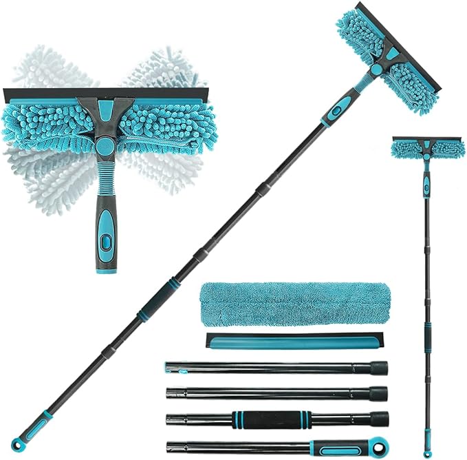 AIDELY 62" Window Squeegee, 2 in 1 Window Cleaning Tool with Telescopic Pole, Rotatable and Bendable Head for High Windows Indoor Outdoor, Includes 2 Blades & 2 Pads (Microfiber+Pads)