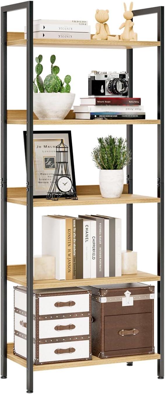NUMENN Bookshelf, 5 Tier Bookshelves, Home Office Bookcase Shelf Storage Organizer, Free Standing Storage Shelving Unit for Bedroom, Living Room and Home Office, Natural