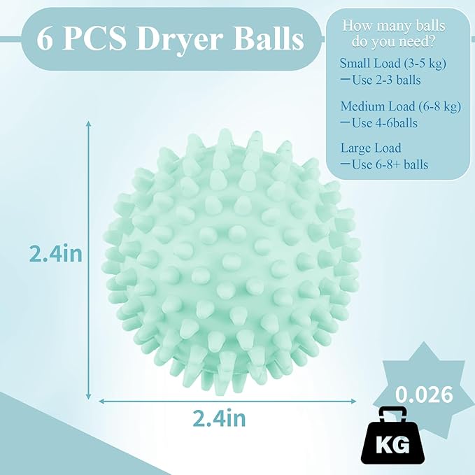 6 Pack Laundry Balls for Dryer, Dryer Balls Laundry Reusable, Dryer Ball Plastic Pellet Packs for Fabric Soften, Reduce Wrinkle and Less Static Cling-Green