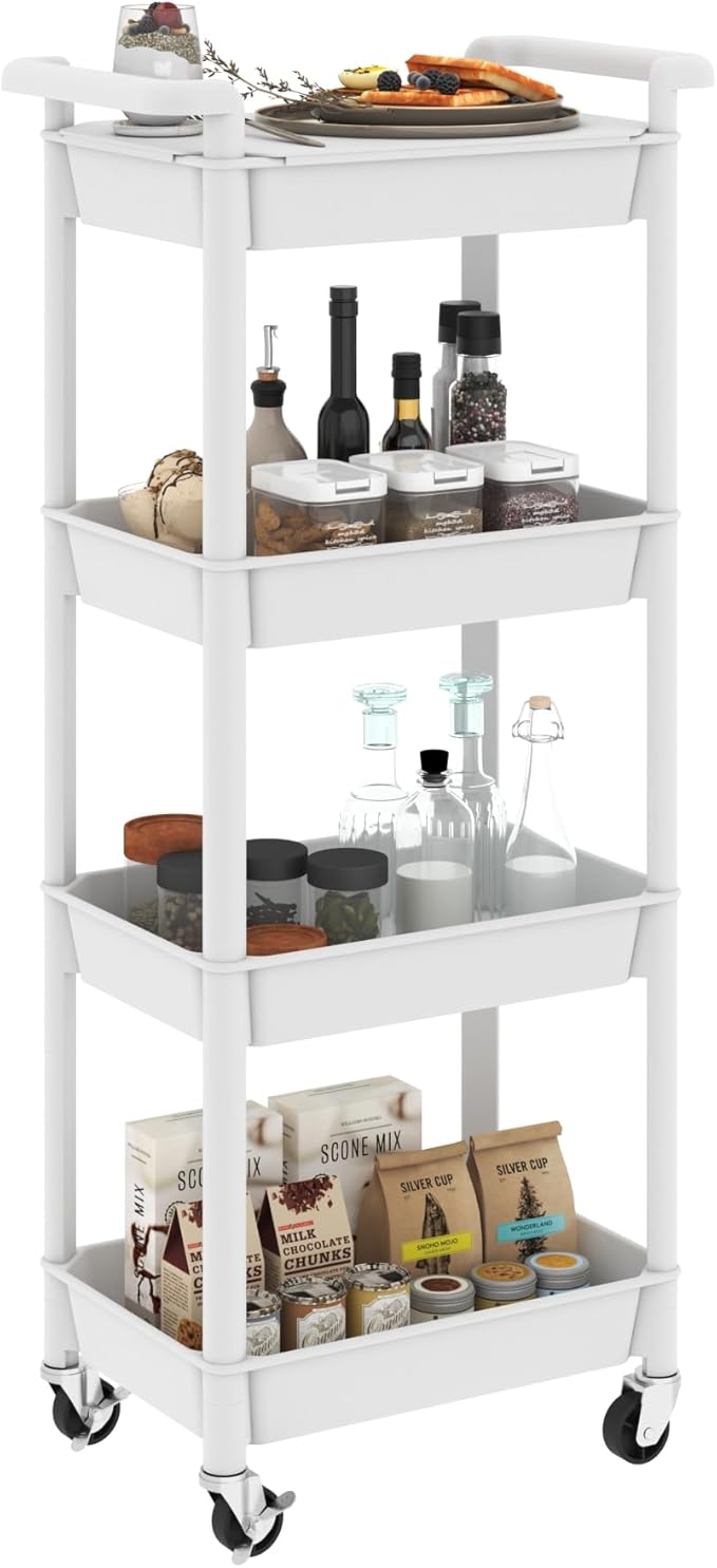 4 Tier Rolling Cart with Handle, Utility Cart with Table Top Easy Assembly Bathroom Storage Cart on Wheels for Office, Living Room, Kitchen, Craft Room, White