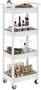 4 Tier Rolling Cart with Handle, Utility Cart with Table Top Easy Assembly Bathroom Storage Cart on Wheels for Office, Living Room, Kitchen, Craft Room, White