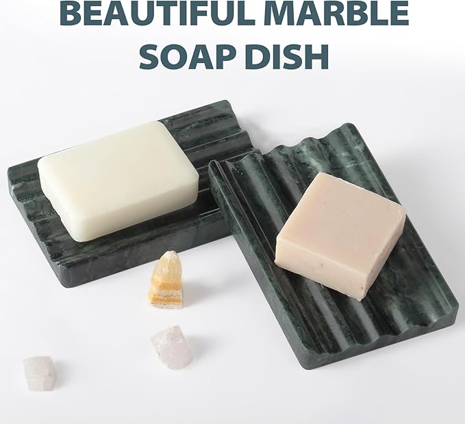 2 Pcs Soap Holder for Bathroom, Marble Soap Dish for Kitchen Countertop, Green Soaps Tray with Creative Wavy Design, Soaps Saver for Bath Tub, Sponges, Indian Natural Stone