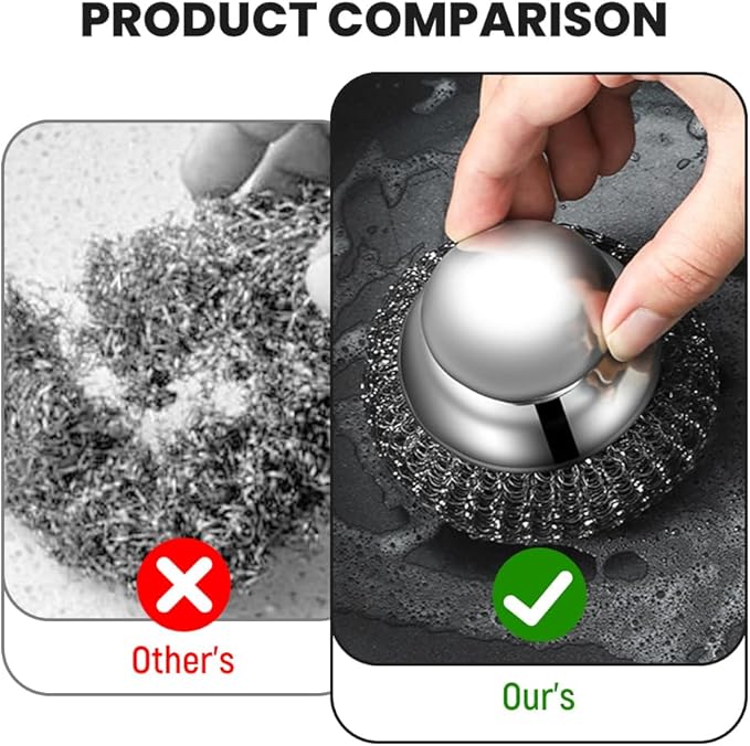 Steel Wool Scrubber with Handle, Upgrade Heavy Duty Stainless Steel Dish Scrubber for Cleaning Dishes, Iron Pots, Stoves, Kitchen Sink (4 pcs)