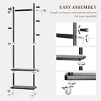 Coat Rack Freestanding Clothing Rack with Wheels & 2 Shelves Storage & 5 Hooks Heavy Duty Clothes Rack Wood Coat Tree Stand Hat Hanger Rack for Corner Bedroom Entryway Living Room Hotel Size L