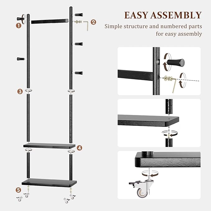 Coat Rack Freestanding Clothing Rack with Wheels & 2 Shelves Storage & 5 Hooks Heavy Duty Clothes Rack Wood Coat Tree Stand Hat Hanger Rack for Corner Bedroom Entryway Living Room Hotel Size L
