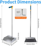 Heavy Duty 304 Stainless Steel Dustpan and Broom Set, Long Handle Self Standing Dust Pan with Wide Mouth Pet Hair Comb Teeth, Indoor Outdoor Cleaning Set for Kitchen Garage Office