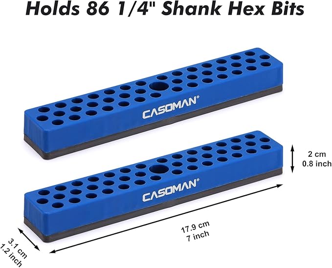 CASOMAN 2PCS 1/4" Hex Bit Organizer with Magnetic Base - Blue, 86 Hole Bit Organizer with Strong Magnetic Base, Magnetic Bit Organizer for Your Specialty