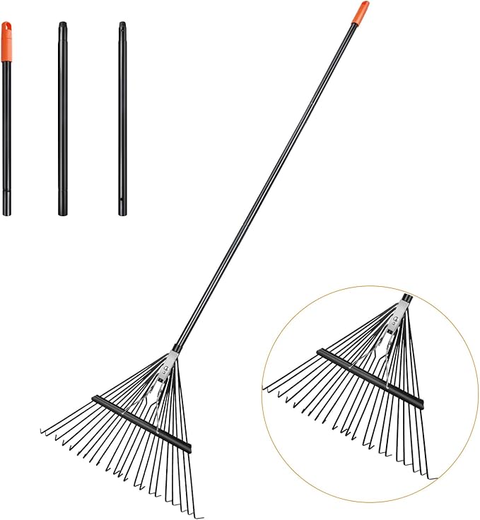46 HRC Steel Gardening Leaf Rake, 22 Tines 22.8" Wide,Adjustable Split Long Handle 33-67",Suitable for Raking Leaves and Lawn Tidying,Garden rake and thatch rake Suitable for Adults
