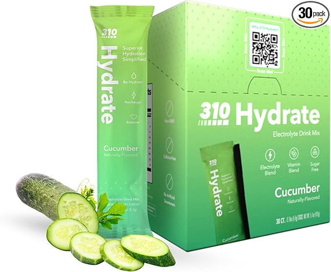 310 Nutrition Sugar Free Electrolytes Powder - Instant Hydration Packets for Daily Fluid Balance - Caffeine-Free Rehydration Drink Mix w/ Vitamins, Low Calorie & Keto Friendly - Cucumber 30 Singles