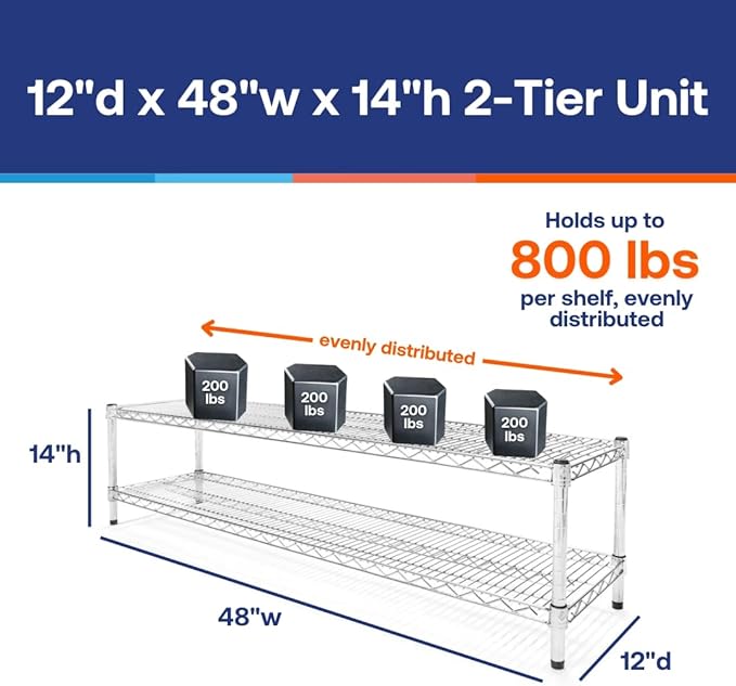 Shelving Inc. 12" d x 48" w Chrome Wire Shelving with 2 Tier Shelves, Weight Capacity 800lbs Per Shelf