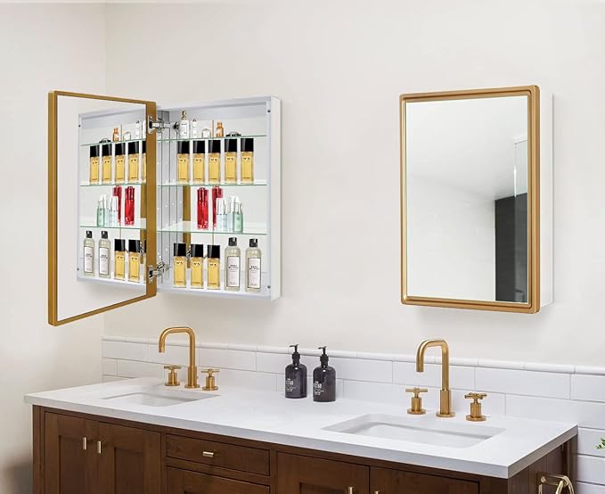 22x30 Inch Bathroom Medicine Cabinet with Gold Framed Mirror – Recessed or Surface Mount Storage Cabinet, Single Door Rustic Farmhouse Design