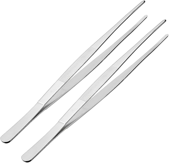 uxcell 2 Pcs 12-Inch Stainless Steel Straight Blunt Tweezers with Serrated Tip Daily Garden Tool