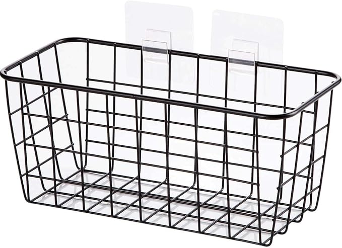 2 Set Hanging Wall Basket Over the Cabinet Door Organizer Wire Baskets for Organizing -No Drilling Adhesive Wall Storage Basket, Space-Saving Hanging Baskets for Organizing Wall Mount Storage,Black