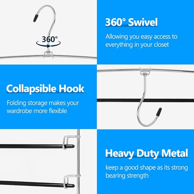 Pants Hangers 6 Pieces,5 Tier Closet Organizers and Storage Clothes Hangers,Hangers Space Saving with Swing Arm,Multiple Metal Hanger Clothes Organization for Pants Trousers Jeans Leggings Slacks