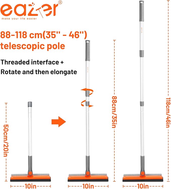 Eazer 46'' Professional Window Cleaner Tool, 2-in-1 Rotatable Squeegee for Window Cleaning Kit, Window Washing Equipment Kit with Threaded Extension Pole(20''-46'') for Shower/Windshield.