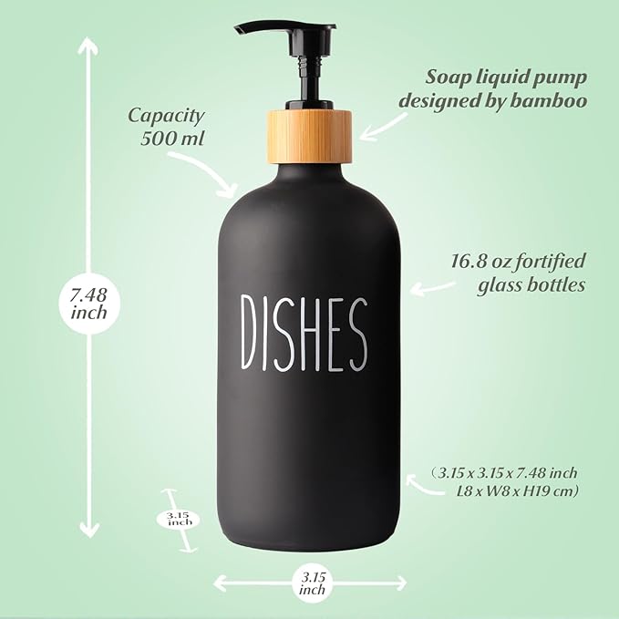 Black Glass Kitchen Soap Dispenser, Detergent Dispenser or Dish Soap Dispenser for Kitchen Sink, Black Soap Dispenser, Modern Farmhouse Decor Dish Soap Pump for Kitchen Organization