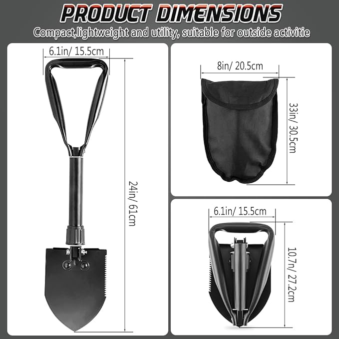 Large Folding Shovel, Overall Length 24Inches, Foldable Design with Portable Bag, Made of Durable Materials, Serrated Edge, for Camping, Hiking, Gardening, Fishing & Emergencies (Black)