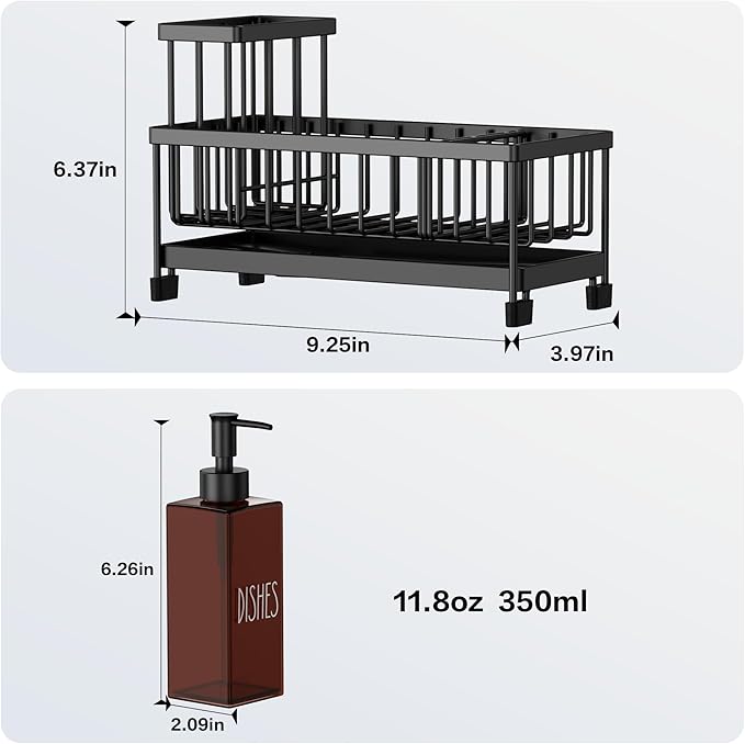 Cisily Dish Soap Dispenser, 12 fl oz Dual Kitchen Soap Dispensers with Sponge Holder, Plastic Pump Amber Glass Bottle Kitchen Soap Dispenser Set, Modern Hand and Dish Soap Bottle Set Removable