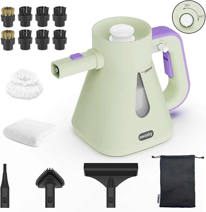 Steam Cleaner Handheld: 1200W Fast 10-Sec Heat-Up-750mL (25oz) Tank-No Cooling-Refill Anytime-Lockable Steam Trigger-14-Piece Kit Hand Held Steamer for Home Car Grout Tile Cleaning Green