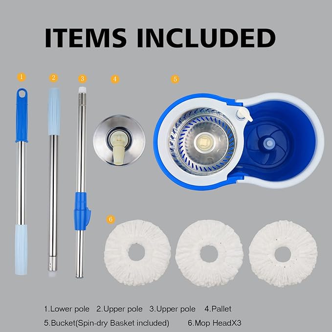 Mop and Bucket Set, 360° Spin Mop and Bucket with Wringer Set and 6 Microfiber Mop Refills, Stainless Steel 61" Extended Handle Spinning Mop Bucket System for Floor Cleaning (2 Sets)