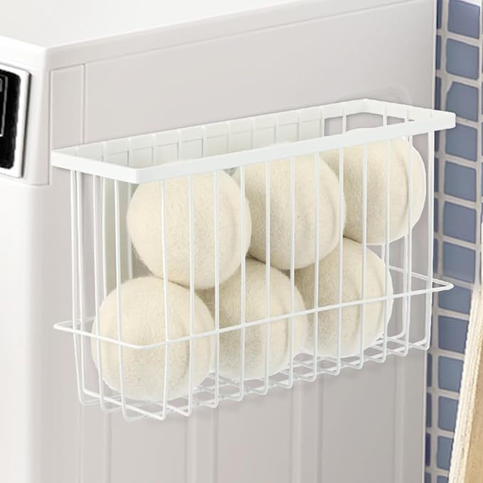 Magnetic Dryer Ball Holder for Laundry Room Dryer Ball Organization, Magnetic Lint Bin for Laundry Room Wool Dryer Ball Organizer, Iron Dryer Ball Container for Laundry Room Storage（White）